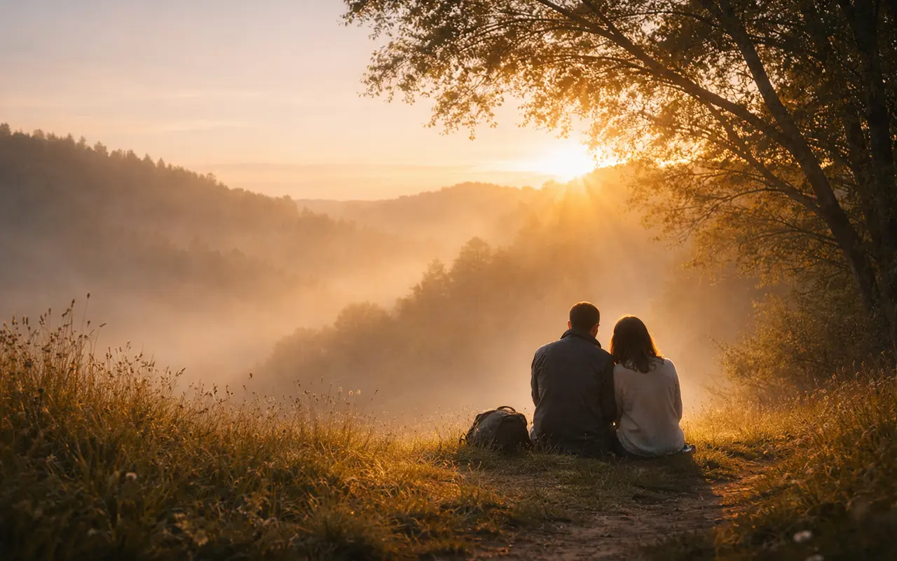 Casal no amanhecer sobre a colina