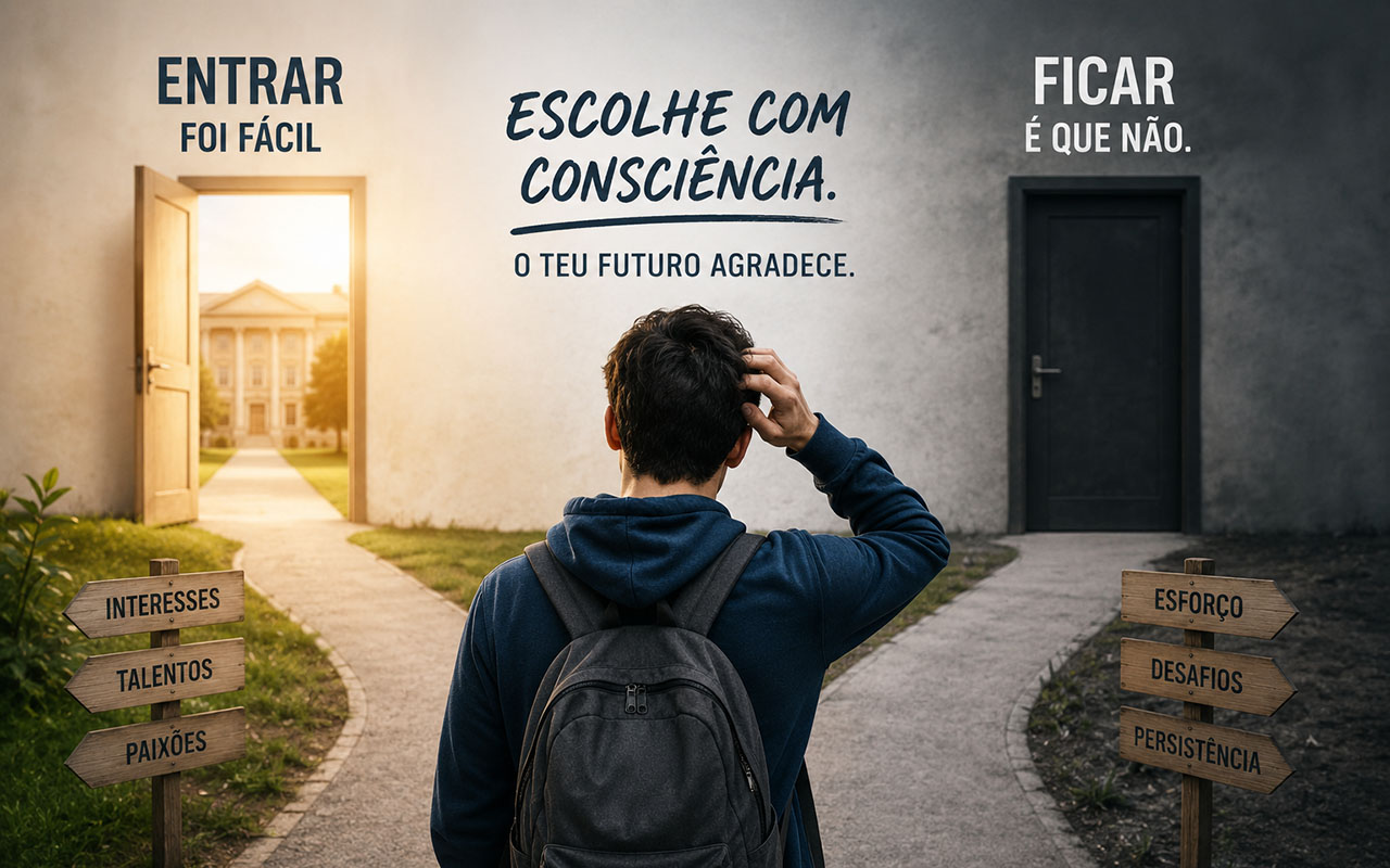 Estudante a refletir sobre a escolha do curso e o futuro no ensino superior.