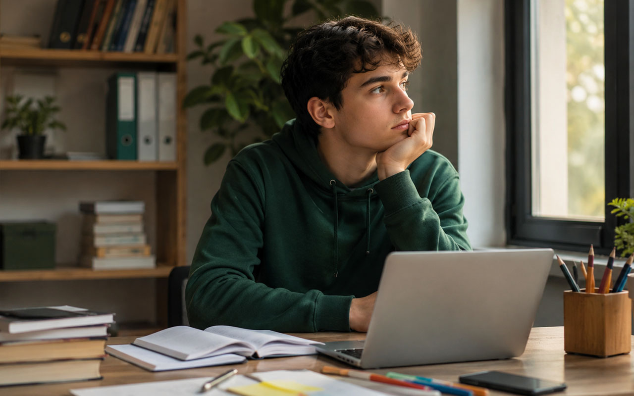 Jovem estudante a refletir junto à secretária durante a época de exames, simbolizando orientação vocacional e escolhas de futuro.