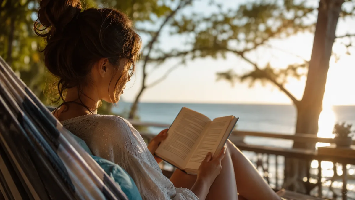 Jovem a ler um livro numa rede junto ao mar durante um tranquilo final de tarde de verão