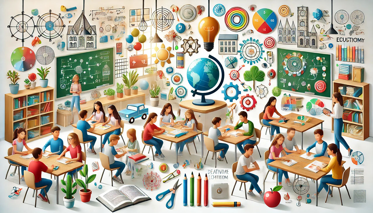 sala de aula onde os alunos estão envolvidos em atividades de aprendizagem interativas, destacando a curiosidade, a experiência prática e a criatividade